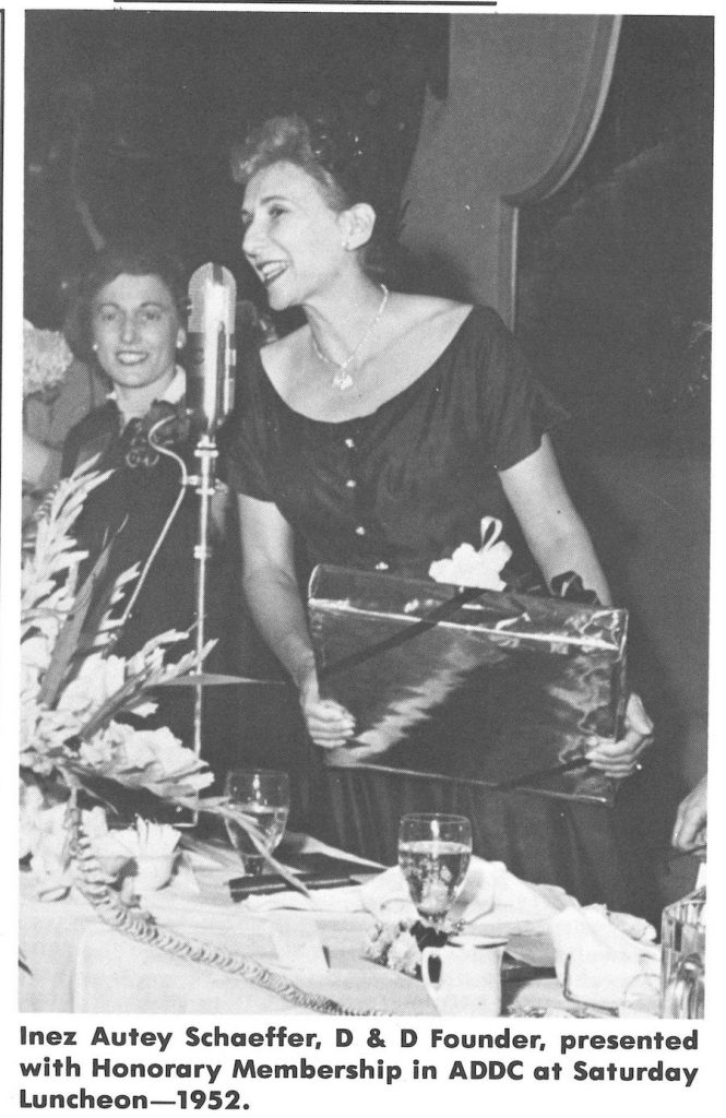 Inez Autey Schaeffer, ADDC founder, accepting award in Houston, 1952.