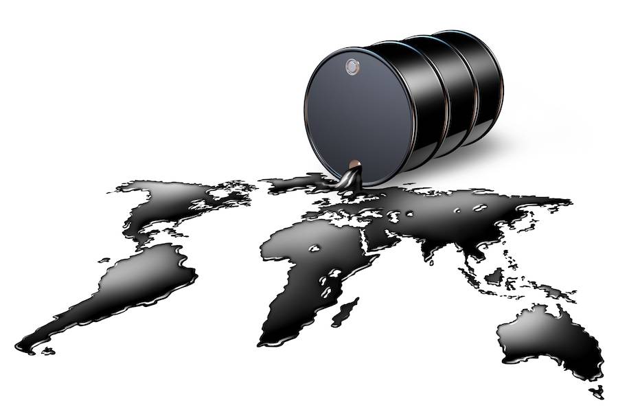 A black drum barrel pouring crude oil as a map of the world: Illustrating an article about how much oil is left in the world.